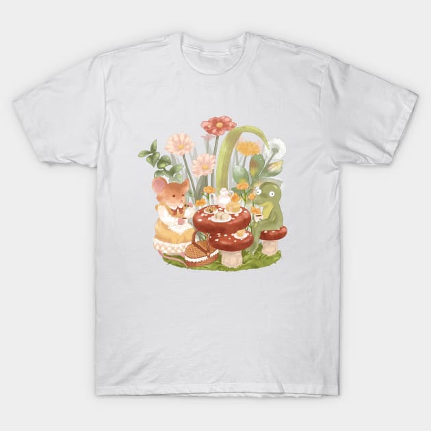 Cottagecore Mouse and Frog Having a Tea Party T-Shirt by Jieul